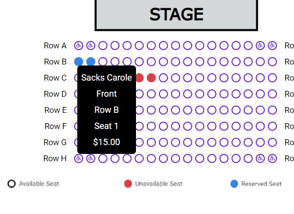 Rows of reserved seats in front of stage showing purchaser name next to the purchased seat