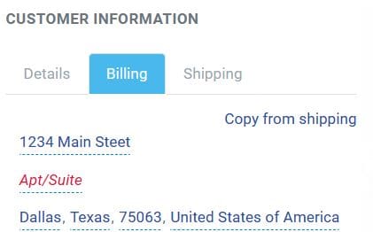 Billing and Shipping tab on Customer Information page. Users can copy the address from either the billing or shipping tab.