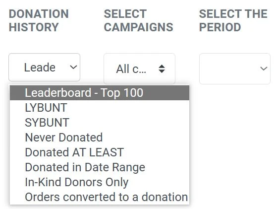 Donation history drop down menu where you can select criteria to search customers based on donations.