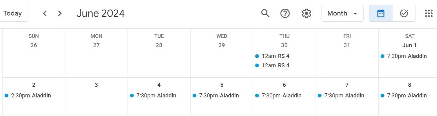 Google Calendar synched with ThunderTix events. 