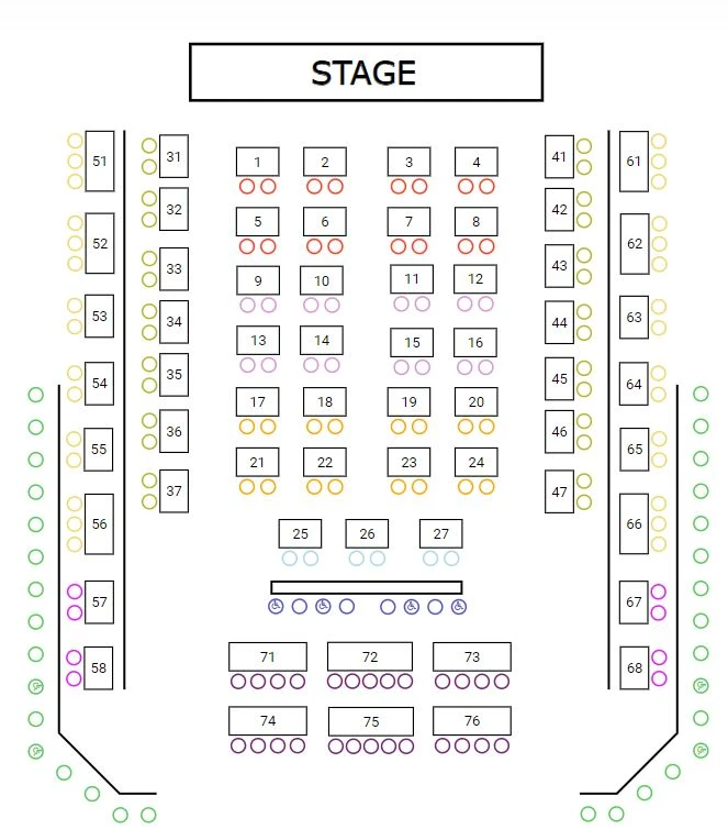 Reserved Seating Chart with multiple colors to represent different sections.