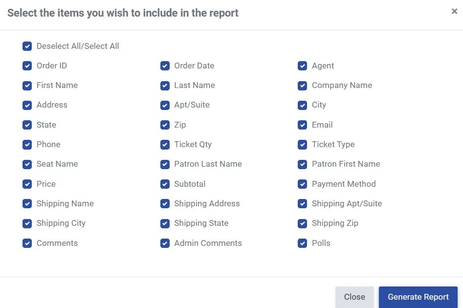 Pop up menu with items a user can select/deselect to include in their barcode report.