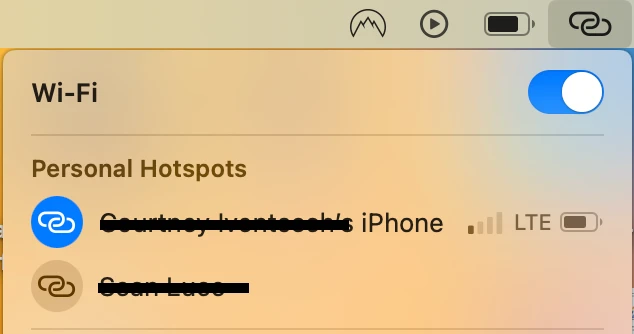 Wifi settings with personal hotspots displayed below.